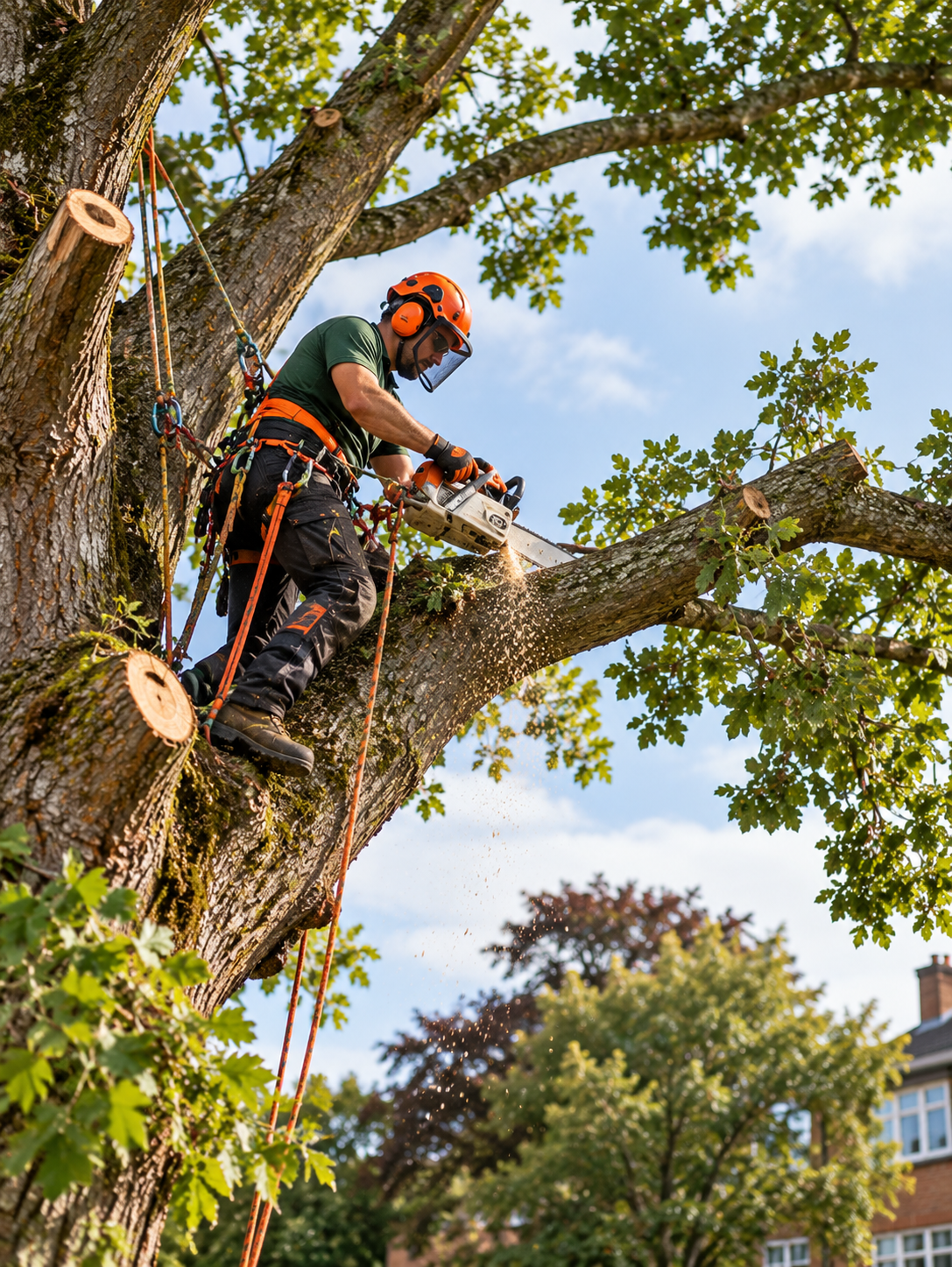 Arborist Cutting Branches High in Tree