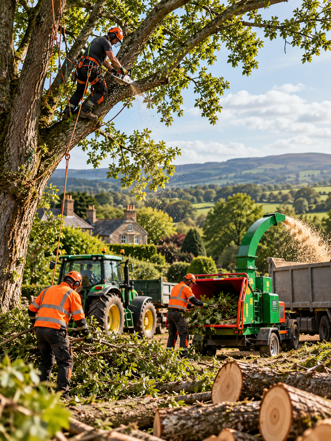 Arborists at Work in Rolling Countryside