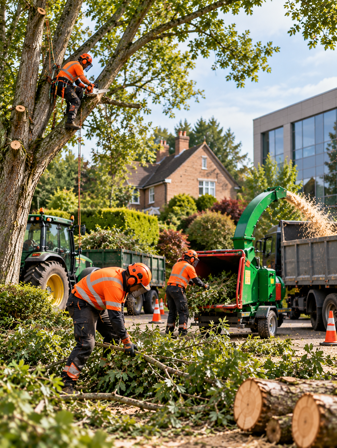 Arborists at Work in Suburban Gardens