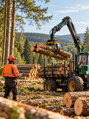 Timber Loader at Work in Pine Forest